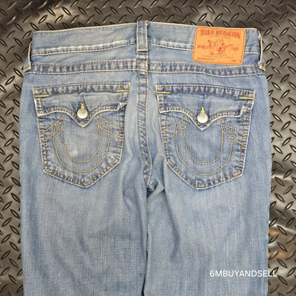 True‎ Religion Ricky Straight Leg Jeans Mens 34 Light Wash Distressed USA Y2K